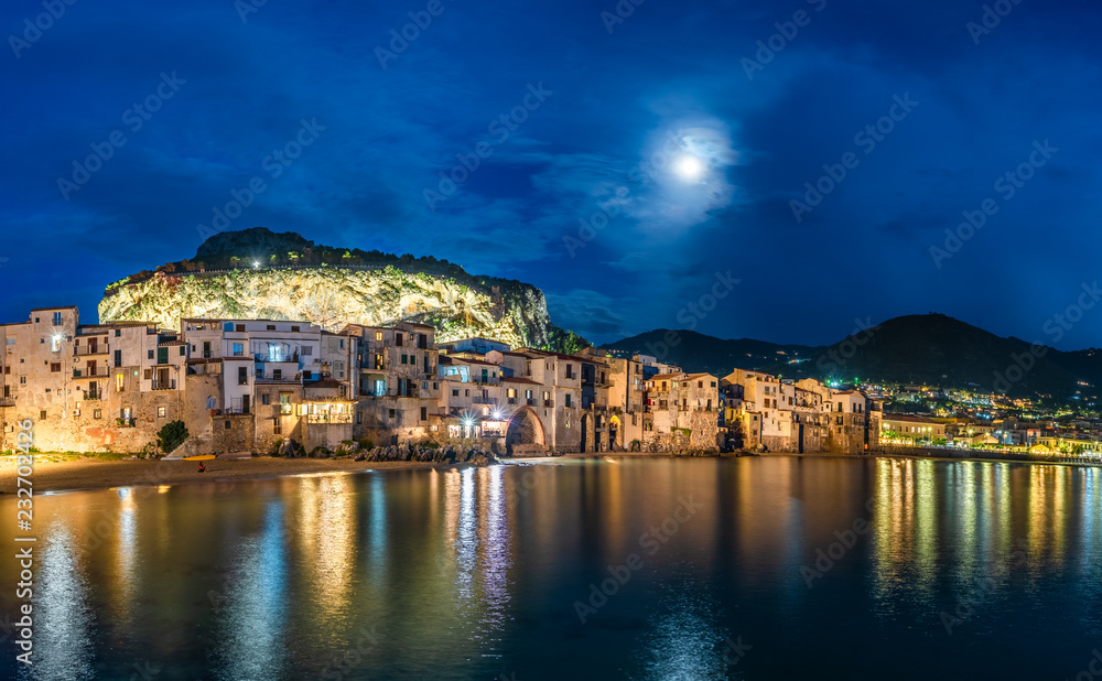 Cefalu, medieval village of Sicily island at twilight time, Province of Palermo, Italy