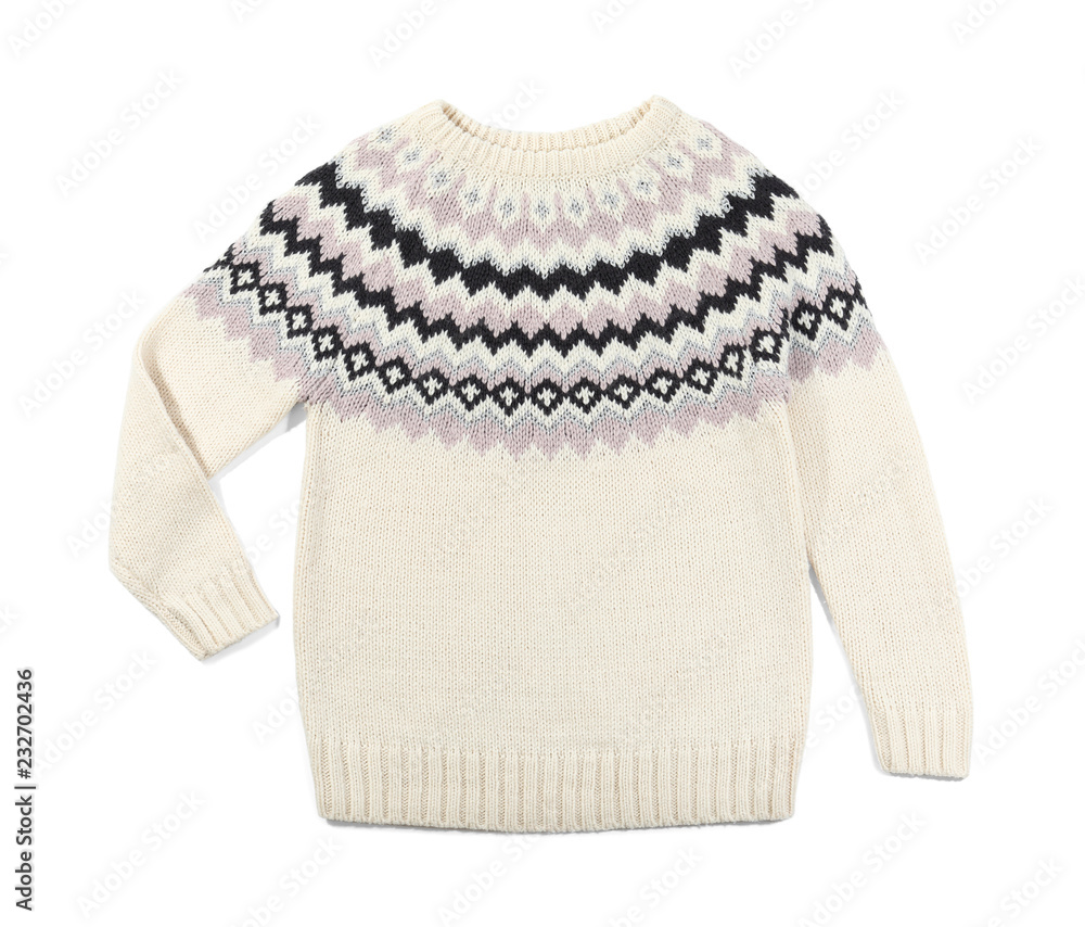 Fototapeta premium Cozy warm sweater on white background, top view