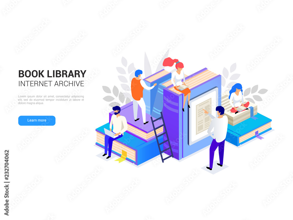 Book library isometric. Internet archive concept and digital learning for  web banner. People reading. E-library vector illustration vector de Stock |  Adobe Stock