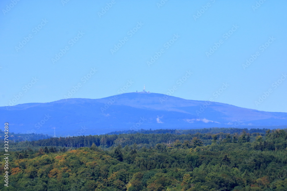 View on landscape of Harz mountain with and highest summit Brocken, Germany