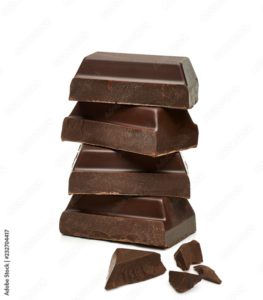 Broken Dark chocolate bars stack with cracked or braoken chocolates isolated on white background Broken Dark chocolate bars stack with cracked or braoken chocolates isolated on white background