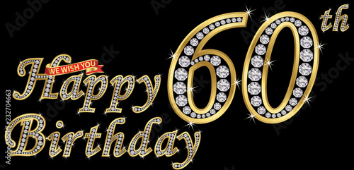 60 years happy birthday golden sign with diamonds, vector illustration