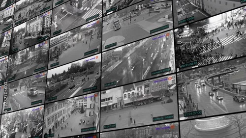 CCTV Surveillance Monitor Spleet Screen Monitoring security in the city. Video surveillance everywhere