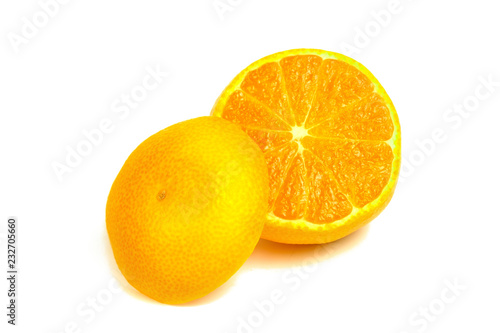 Isolated tangerines. Two mandarin orange fruits and peeled segments isolated on white background.