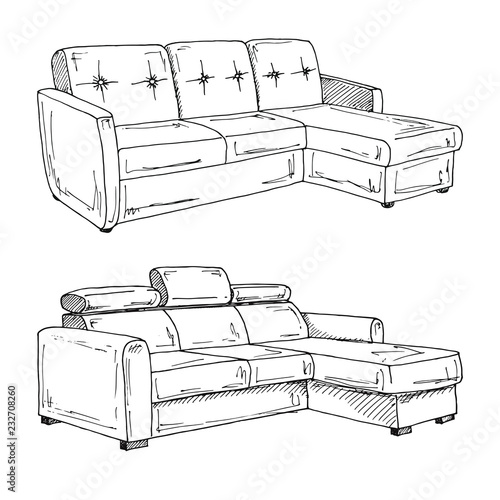 Set of sofas isolated on white background.Vector illustration in a sketch style