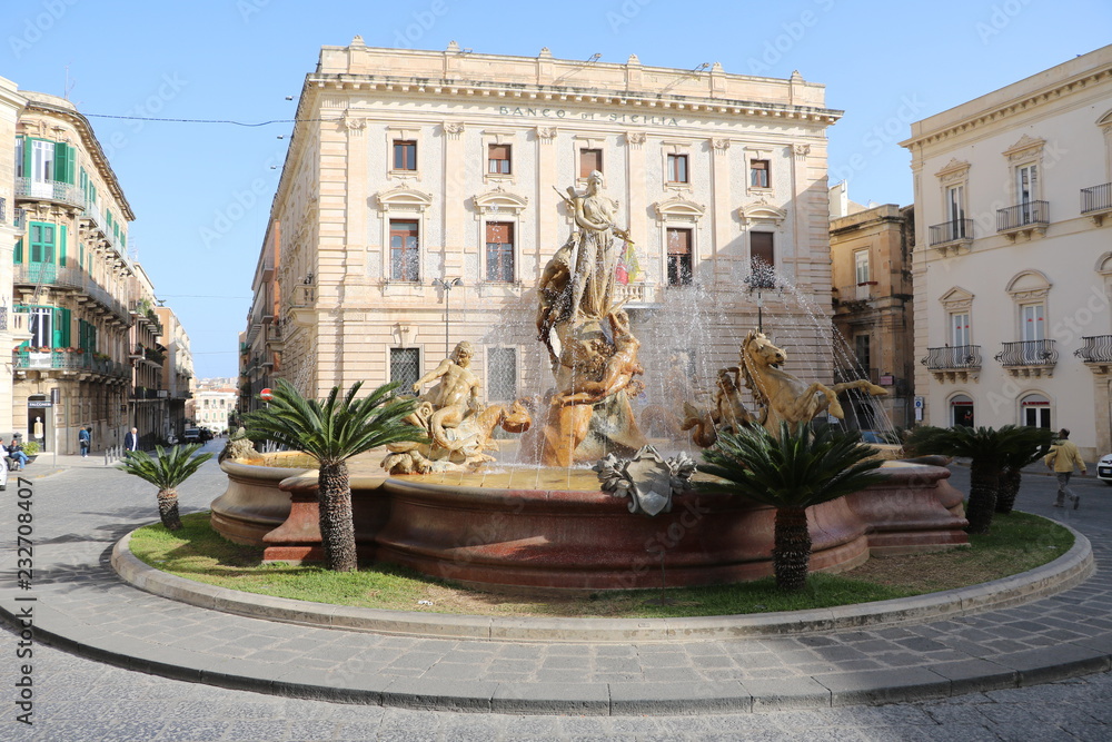 Fountain Fontana di Artemide at Piazza Archimedes in Syracuse, Sicily Italy