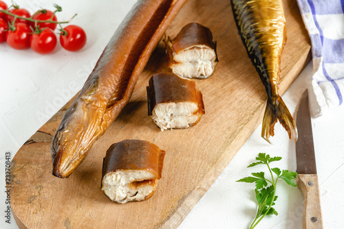 Smoked eel ready to eat. Delicious freshly made seafood.