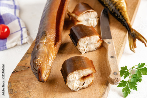Smoked eel ready to eat. Delicious freshly made seafood.