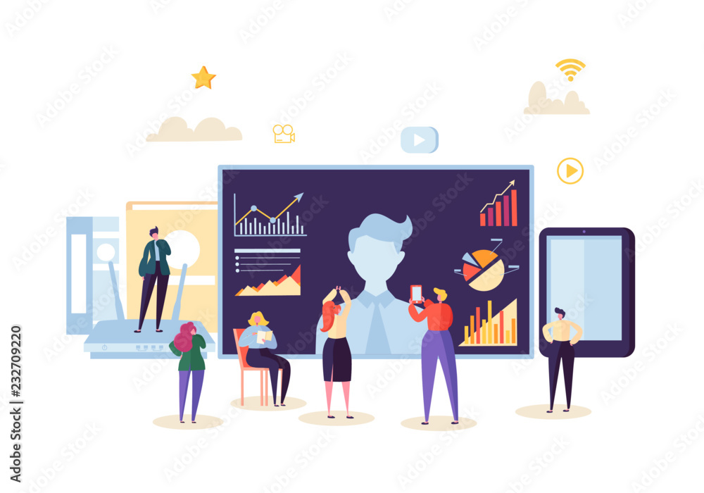 Teleconference Online Communication Concept. Business People at the Video Conference Webinar. Characters on Data Analysis Call Meeting. Vector illustration Teleconference Online Communication Concept. Business People at the Video Conference Webinar. Characters on Data Analysis Call Meeting. Vector illustration