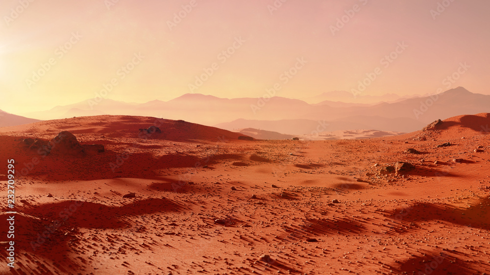 Fototapeta premium krajobraz na planecie Mars, malownicza scena pustynna na czerwonej planecie (renderowanie przestrzeni 3d)