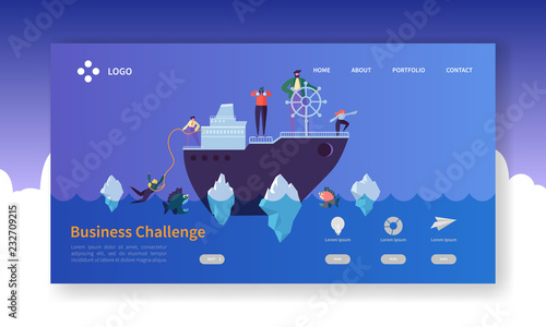 Business Challenge Landing Page. Banner with Flat People Characters on the Ship in Dangerous Water Website Template. Easy Edit and Customize. Vector illustration