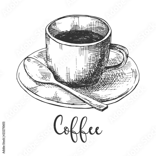 Sketch of coffee mugs on a saucer with a spoon. The inscription is coffee. Vector illustration in sketch style