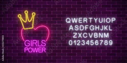 Girls power sign in neon style with alphabet. Glowing symbol of female slogan. Women rights.