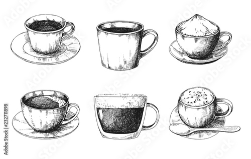 Sketch different mug of coffee on a saucer. Vector illustration of a sketch style.