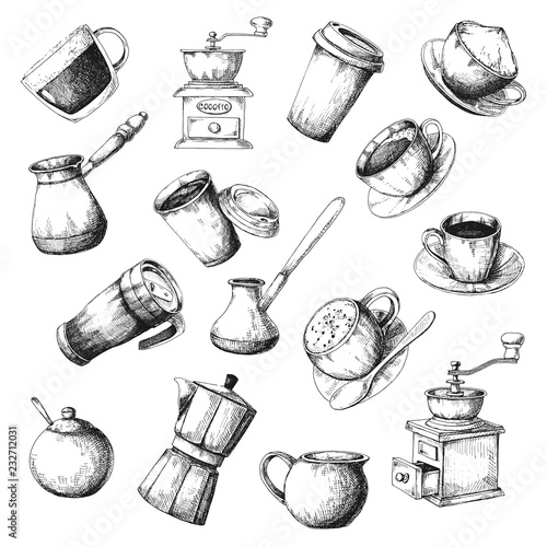Large coffee set. Sketch the different cups of coffee, coffee pots and other items