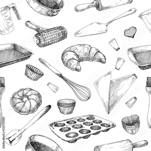 Foto Seamless pattern of dishes for baking. Baking stuff