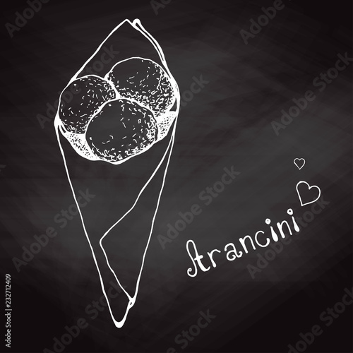 Sketch arancini in a paper bag on a chalkboard. Italian Cuisine. Vector illustration.