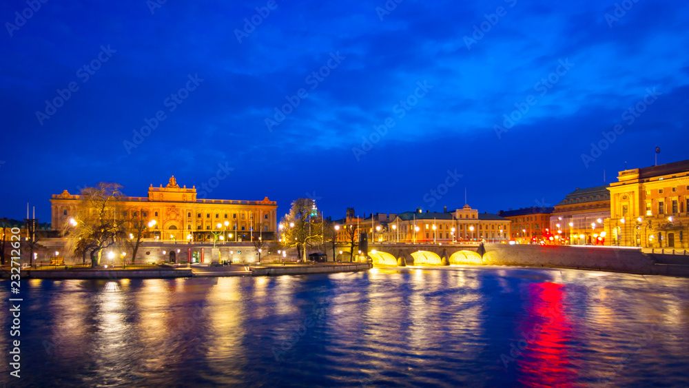 Swedish Parliament House and Norrbro at night