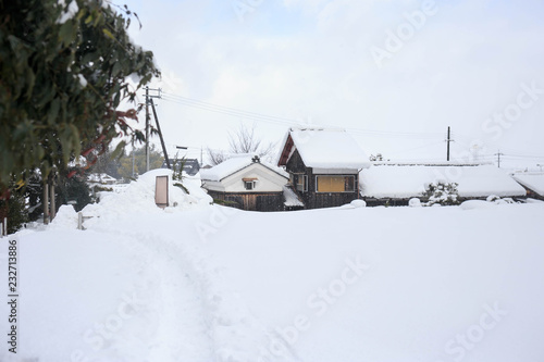 Bright snow field beside rural Japanese house in mid-winter