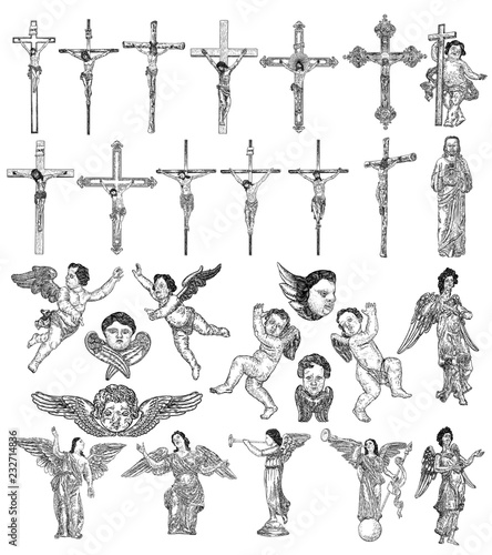 Set of hand drawings. Jesus Christ on the cross. Son of God crucifixion for people sins. Angels and Cherubs with wings. Flying or standing and playing on trumpet. Christianity. Hand drawn vector.