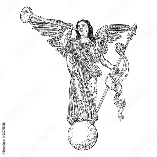 Angel playing on trumpet. Isolated black and white drawing. Vector.