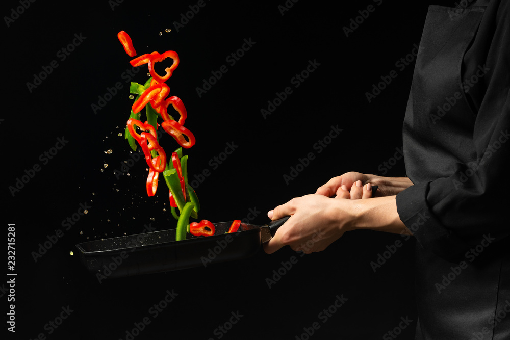 Cooking fresh vegetables in the pan chef. Horizontal photo viewing ...
