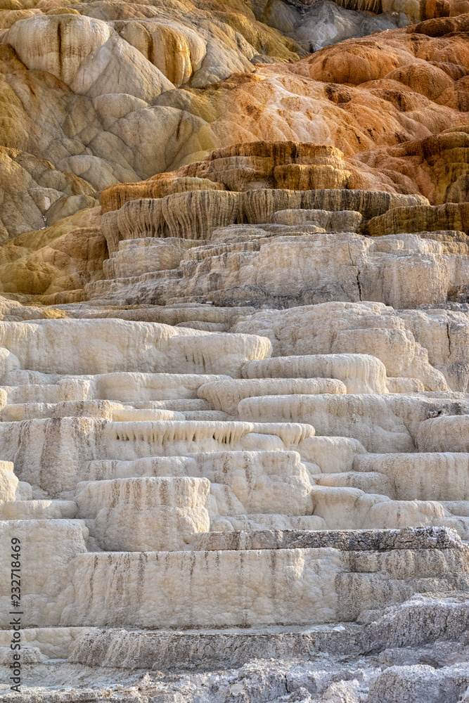 Mammoth Hot Springs and Terraces at sunrise, Yellowstone National Park, Wyoming, USA