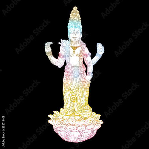 Lord Vishnu standing on lotus giving blessing hand drawn illustration in classic vision. Hindu God.  Vector. photo