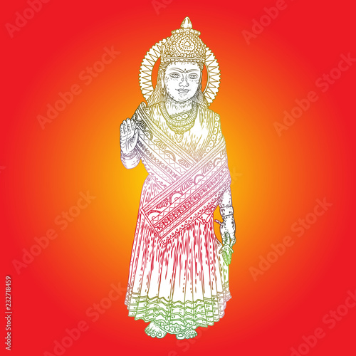 Devi Parvati classic traditional Hindu deity hand drawing. Vector.