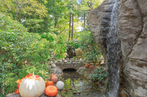 Pumpkins, Waterfall, Waterwheel at Rock City  Lookout Mountain