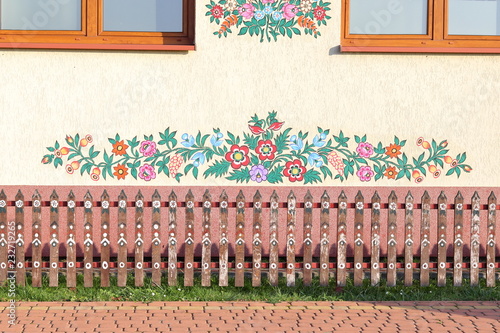 Painted wall, folklore motifs, Zalipie Poland photo