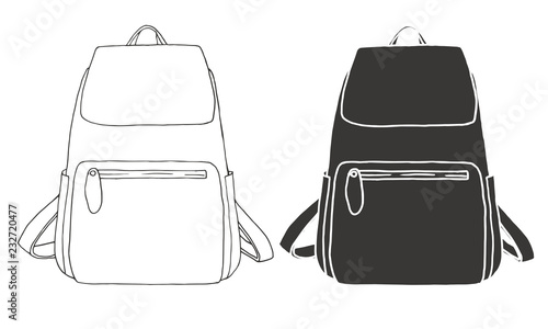 Sketch of a rucksack. Backpack isolated on white background. Vector illustration of a sketch style.