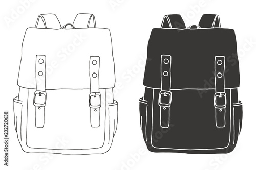Sketch of a rucksack. Backpack isolated on white background. Vector illustration of a sketch style.