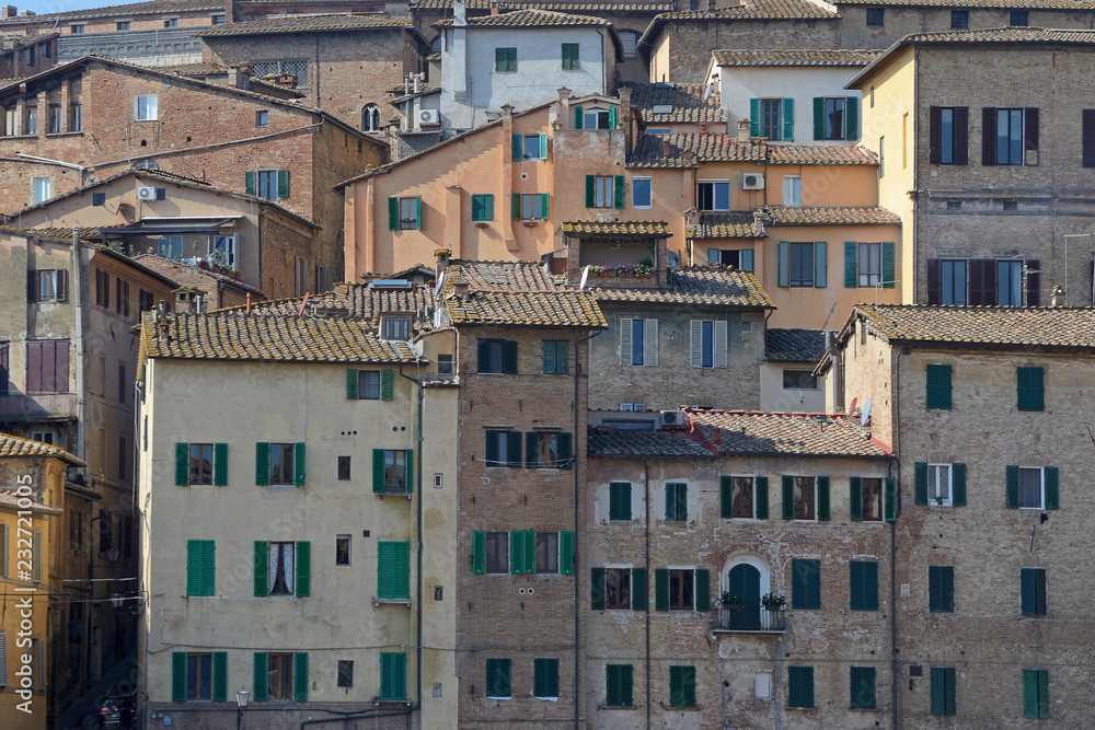 Tuscany, Italy, Siena cityscape with the facadades of the ancient medieval buildings