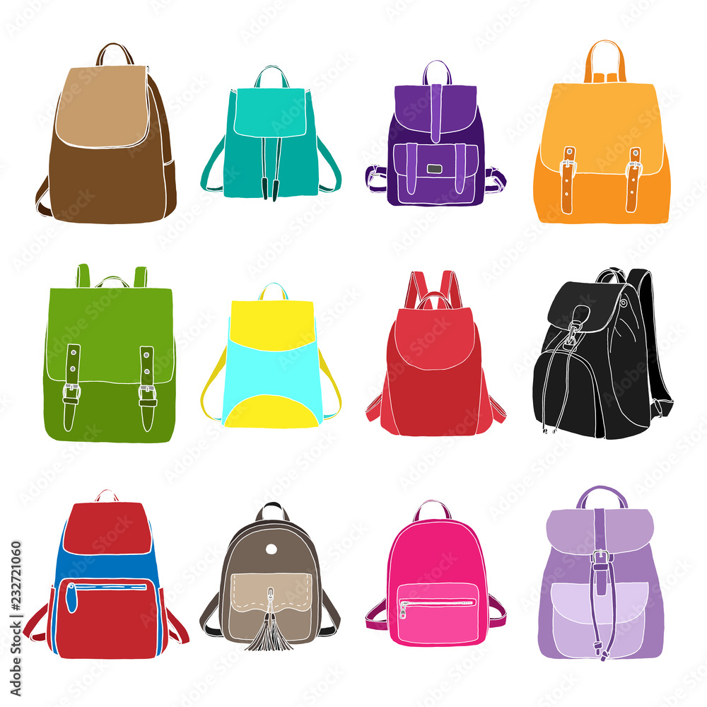 Set of different bags, men, women and unisex. Bags isolated on white background. Vector illustration in sketch style. Set of different bags, men, women and unisex. Bags isolated on white background. Vector illustration in sketch style.