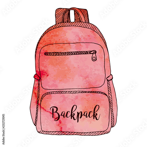 Sketch of a rucksack. Backpack isolated on white background. Vector illustration of a sketch style.Stylized watercolor. EPS 10