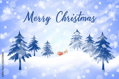 merry christmas text writing on snowy landscape with santa