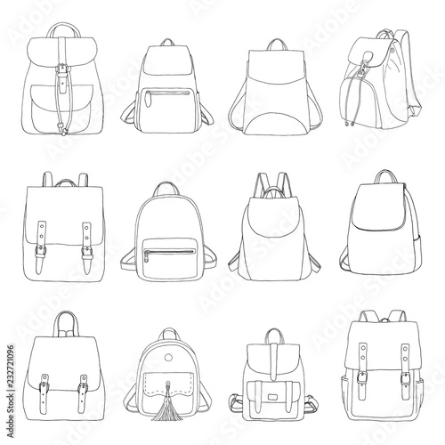 Set of different bags, men, women and unisex. Bags isolated on white background. Vector illustration in sketch style.