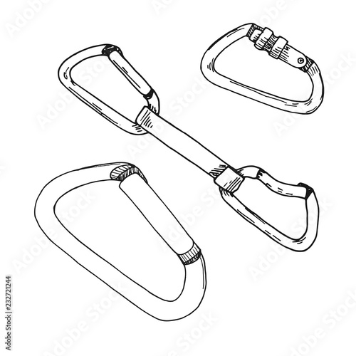 Sketch set of carabiners isolated on white background. Vector