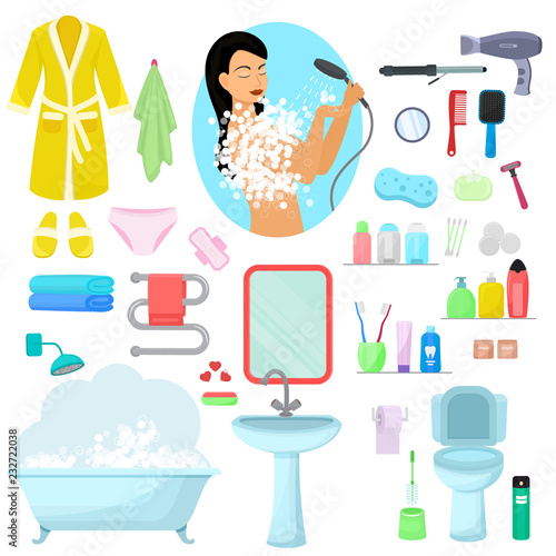 Hygiene personal care vector beautiful woman showering hygienic bath products in bathroom illustration set of bodycare toiletries soap shampoo shower gel icons isolated on white background