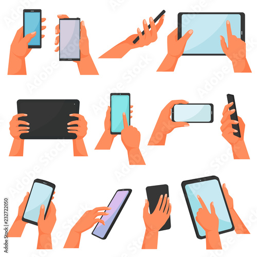 Hands with gadgets vector hand holding mobile phone or tablet illustration set of character working on digital device with touchscreen smartphone or cellphone isolated on white background