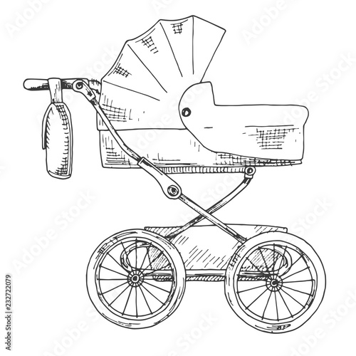 Sketch of a baby stroller. Vector illustration