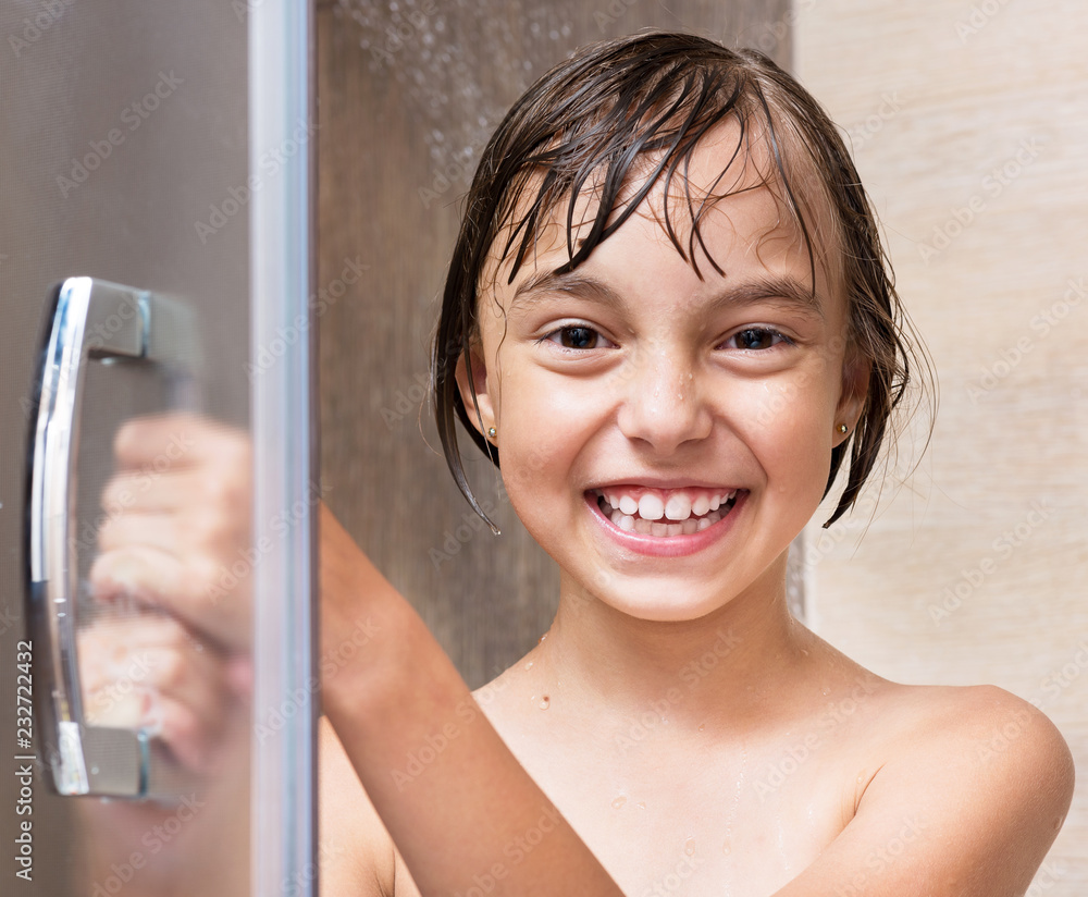 Cheerful Beautiful Girl Bathing Under A Shower At Home Happy Little