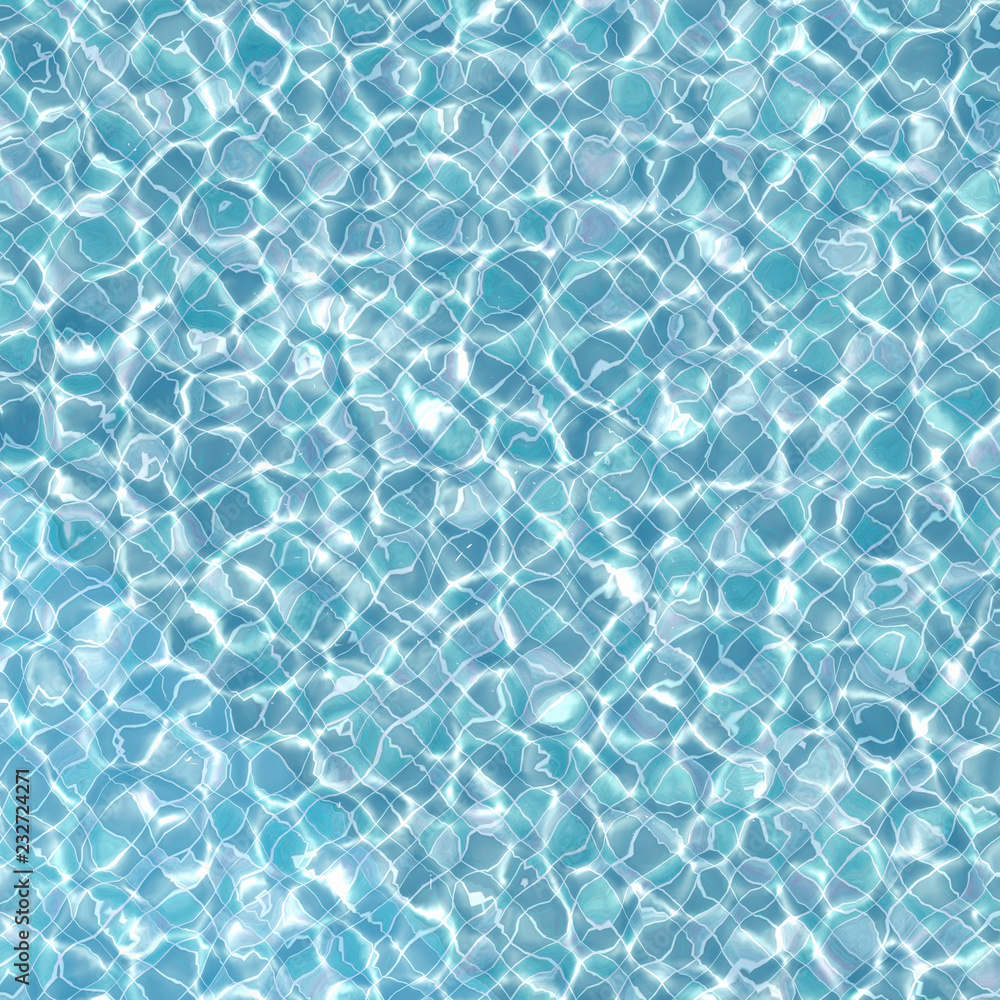 Sunlight in the pool with turquoise tiles. Caustics in the pool. 3D illustration