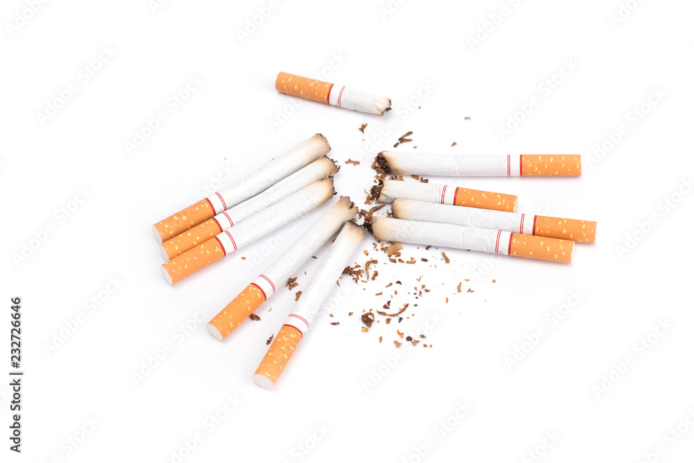 .Cigarettes with ash isolated on a white background .Cigarettes with ash isolated on a white background