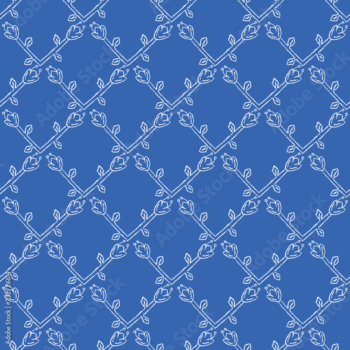 Stylized Flower Trellis Seamless Vector Pattern. Folk Floral Quilt Grid. Hand Drawn Boho Scandi Style Illustration for Trendy Damask Textiles Prints, Decorative Garden Packaging. All Over White Blue