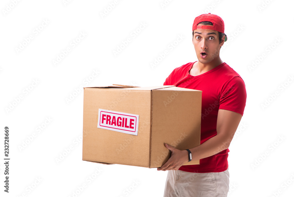 Handsome contractor holding fragile box isolated on white Handsome contractor holding fragile box isolated on white