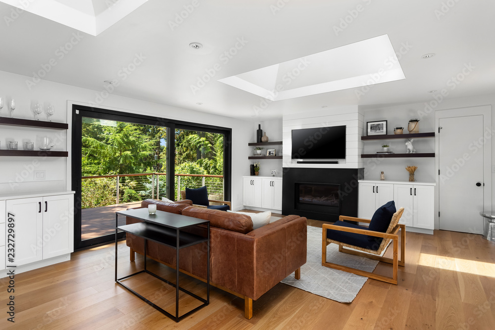 Beautiful living room in new home with exterior view of trees, fireplace, and tv. Large skylight fills the room with light. Beautiful living room in new home with exterior view of trees, fireplace, and tv. Large skylight fills the room with light.