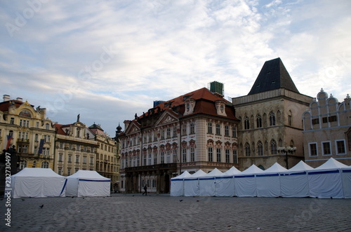 Row of white tents on the edge of Old town square in Prague