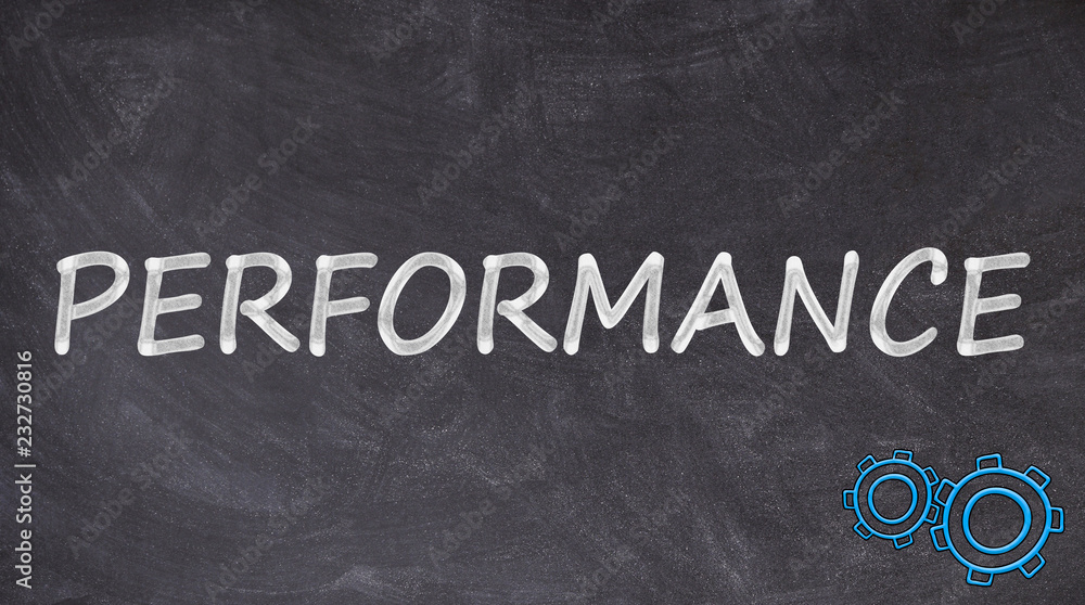 Obraz premium Performance written on blackboard with gearing icons